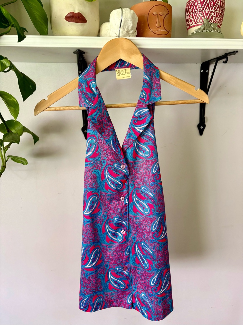 Vibrant Paisley Halter Button-Up Top - Pink & Turquoise
